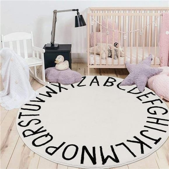 4ft Round Kids ABC Rug Alphabet Nursery Rug for Bedroom Non Slip, Milk White - Picture 2 of 7